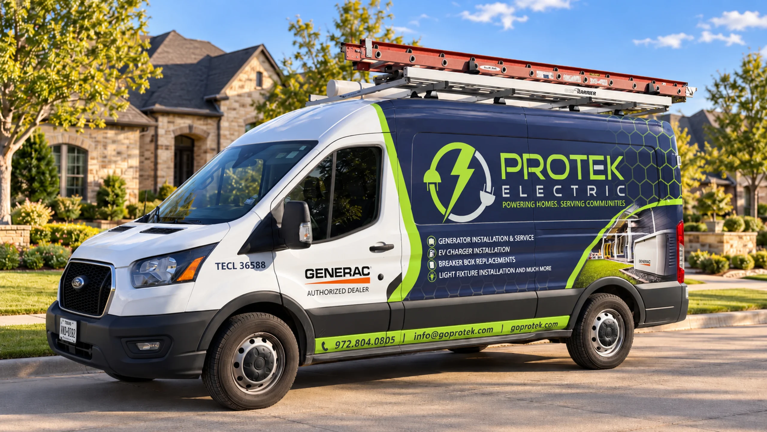 Protek Electric service van, marked Authorized Generac Dealer and TECL 36588, parked on a residential street in North Texas